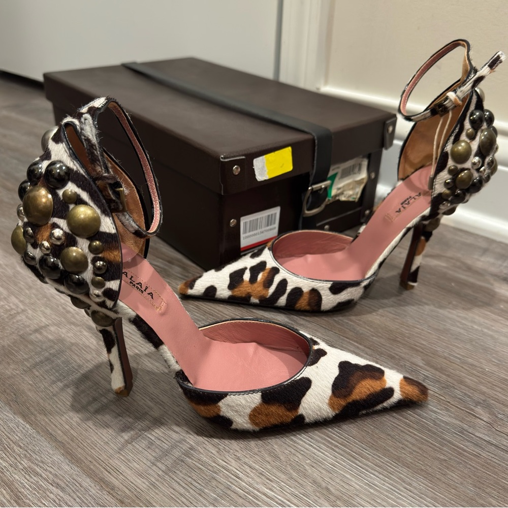 Alaia Leopard Print Pony Hair Studded Point Toe Heels - Picture 2 of 16